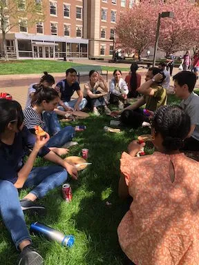 Enjoying lunch in the spring in the spring outdoors after lab clean up day.